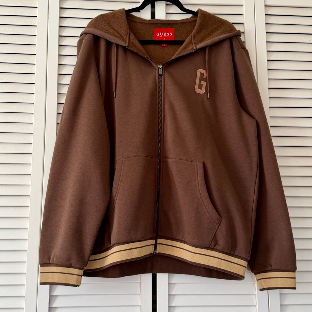 Guess Los Angeles Men’s Coarse Brown Sweatshirt Hoodie Fleece Zip Up Logo Size L